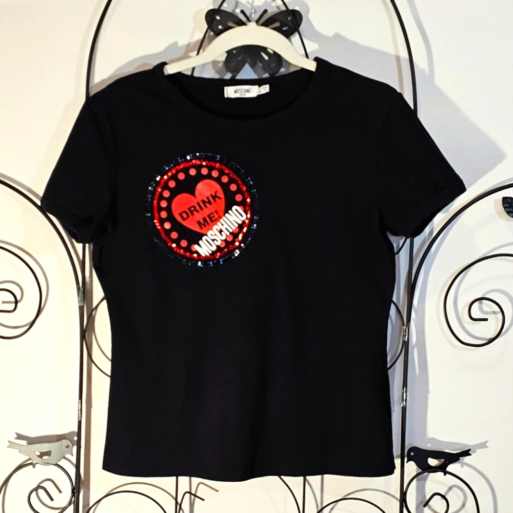 Moschino Vintage Black Shirt with Sequined "Drink Me"